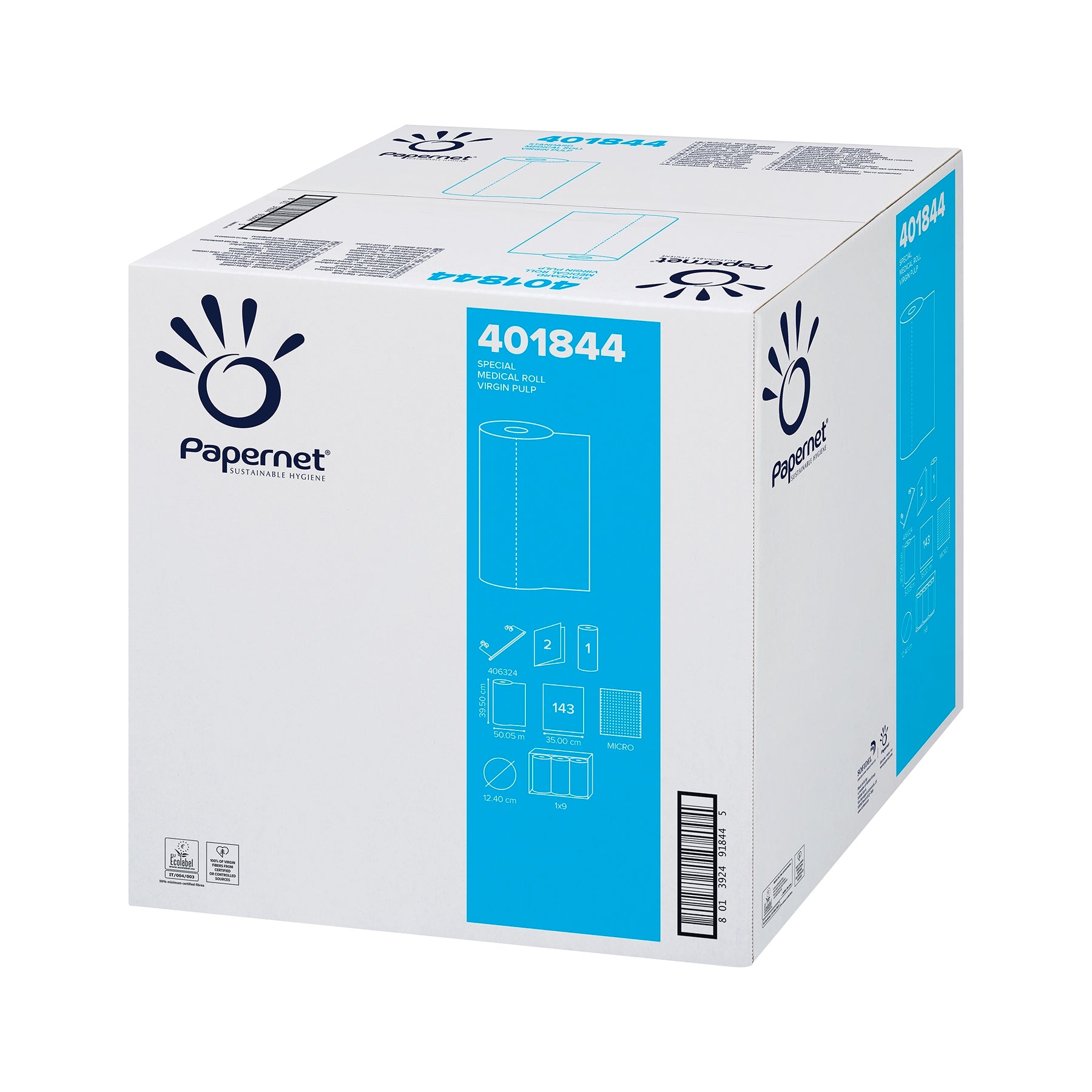 Ein versiegelter Karton mit der Aufschrift „Papernet Liegenabdeckung Ärzterolle 401844 2-lagig | Karton (9 Rollen)“ mit Produktcodes und Symbolen, die Recyclingfähigkeit und Handhabungsanweisungen anzeigen. Der Karton ist mit blauem und schwarzem Aufdruck gestaltet.