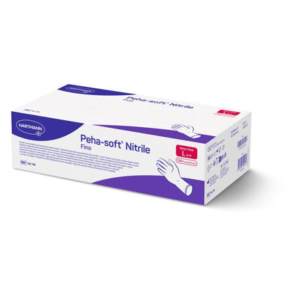 Box with Peha-soft® Nitrile-Fino gloves from Paul Hartmann AG with the inscriptions “Latex-free” and “Powder-free”, size L, in a white box with blue-purple accents and hand illustrations. It contains 150 nitrile gloves.