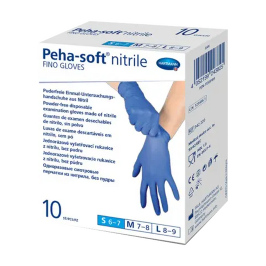 Eine Schachtel latexfreier Peha-soft® nitrile fino Einweghandschuhe von Paul Hartmann AG. Die Schachtel ist mehrsprachig beschriftet und weist auf die Puderfreiheit und den Einwegcharakter der Handschuhe für den medizinischen Gebrauch hin.