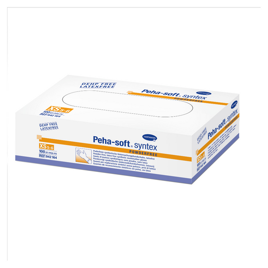 Eine Schachtel puderfreier Peha-soft® syntex-Vinylhandschuhe der Paul Hartmann AG mit orangefarbenem und blauem Text auf weißem Hintergrund und Angaben zu Größe, Menge und Produkteigenschaften.
