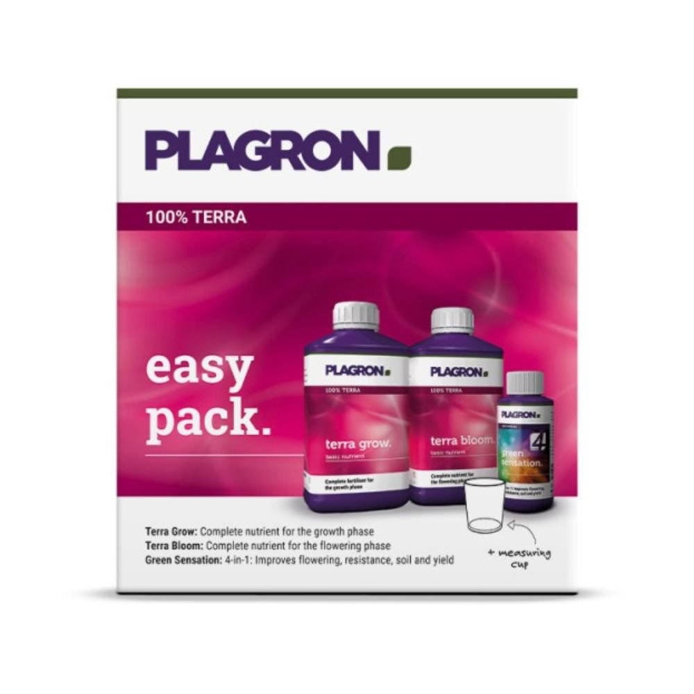 Plagron Easy Pack Terra from Bertels B.V. contains 100% mineral-based fertilizer in the bottles "Terra Grow", "Terra Bloom", and "Green Sensation". A measuring cup is also included and promises improved flowering, resilience, soil health, and yield increase.