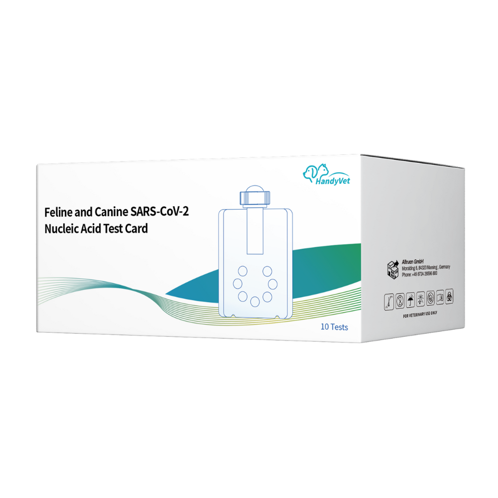 A white box labeled "Handyvet SARS-CoV-2 PCR test kits for veterinary medicine" from Pluslife, with blue and green waves, HandyVet logo and symbols for 10 tests - ideal for veterinary applications.