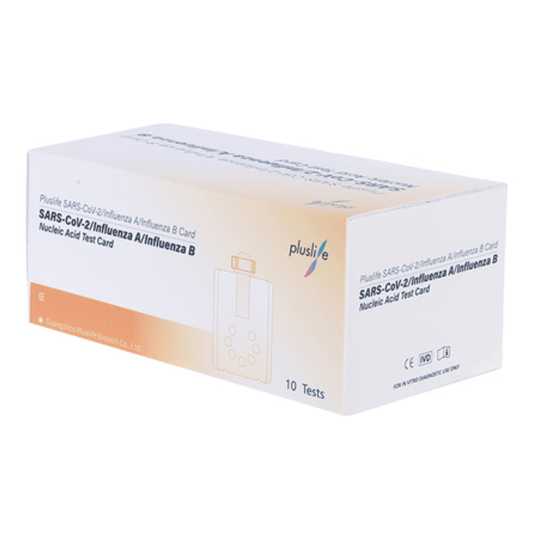 A box of Pluslife SARS-CoV-2 / Influenza A / Influenza B test kits (10 tests) for nucleic acid testing contains 10 tests.