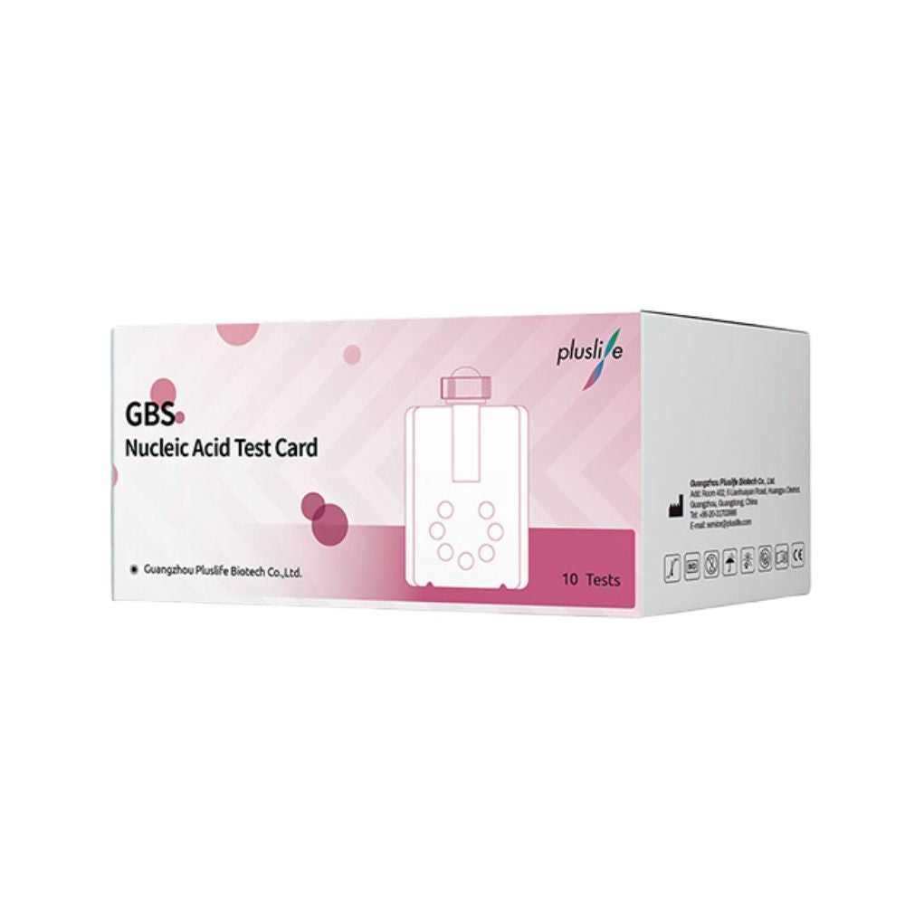 Die Pluslife Streptokokken B-Testkits der MedRhein GmbH werden in einer rosa-weißen Box geliefert, die eine schnelle In-vitro-Erkennung für Streptokokken der Gruppe B bietet, 10 Tests enthält und von Guangzhou Pluslife Biotech Co., Ltd. hergestellt wird.