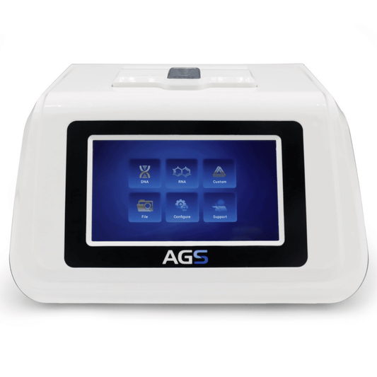 Ein Echtzeit-PCR-Gerät AGS8830-8 der Marke Altruan mit einer Digitalanzeige, die Optionen für DNA, RNA, Größe, Konfiguration und Support auf dem Bildschirm anzeigt, eingeschlossen in einem weißen Gehäuse.
