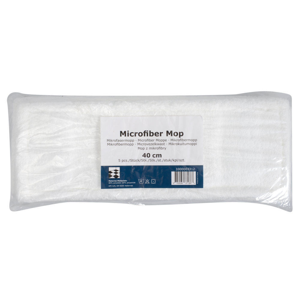 Der Abena Re-Seller GmbH Mikrofasermopp Standard, Weiß, ist eine rechteckige 40 cm große 5er-Nachfüllpackung mit blau-weißem Etikett - ideal für die nachhaltige Reinigung.