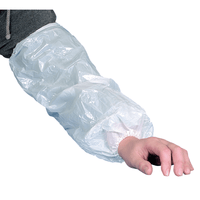 A person's arm is protected by an Abena arm sleeve (40 cm, 20 my PE, white), which extends from the wrist to just above the elbow and has gathered ends; the hand remains uncovered. Package: 100 pieces. Brand: Abena Re-Seller GmbH.