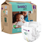 Eine Packung Bambo Nature Windeln der Abena Re-Seller GmbH für Babys von 3-6 kg zeigt auf der Verpackung ein Baby, das von einem Erwachsenen gehalten wird, und eine einzelne Windel mit grüner und lila Beschriftung auf der Vorderseite.