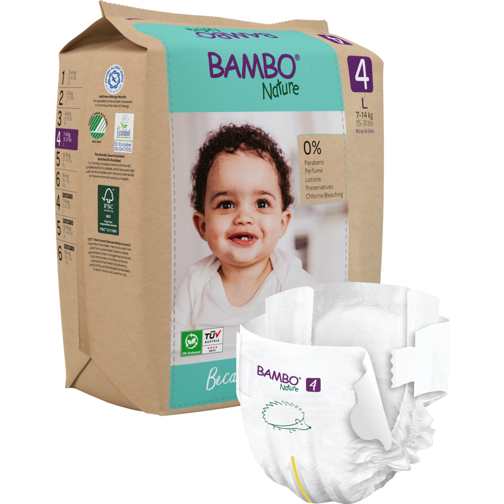 Eine Packung Bambo Nature Windeln der Abena Re-Seller GmbH zeigt ein lächelndes Baby auf der Vorderseite, während eine einzelne Windel das Bambo Nature Logo und eine Igelgrafik zeigt, die auf nachhaltige Materialien für eine sanfte Babypflege hinweisen.