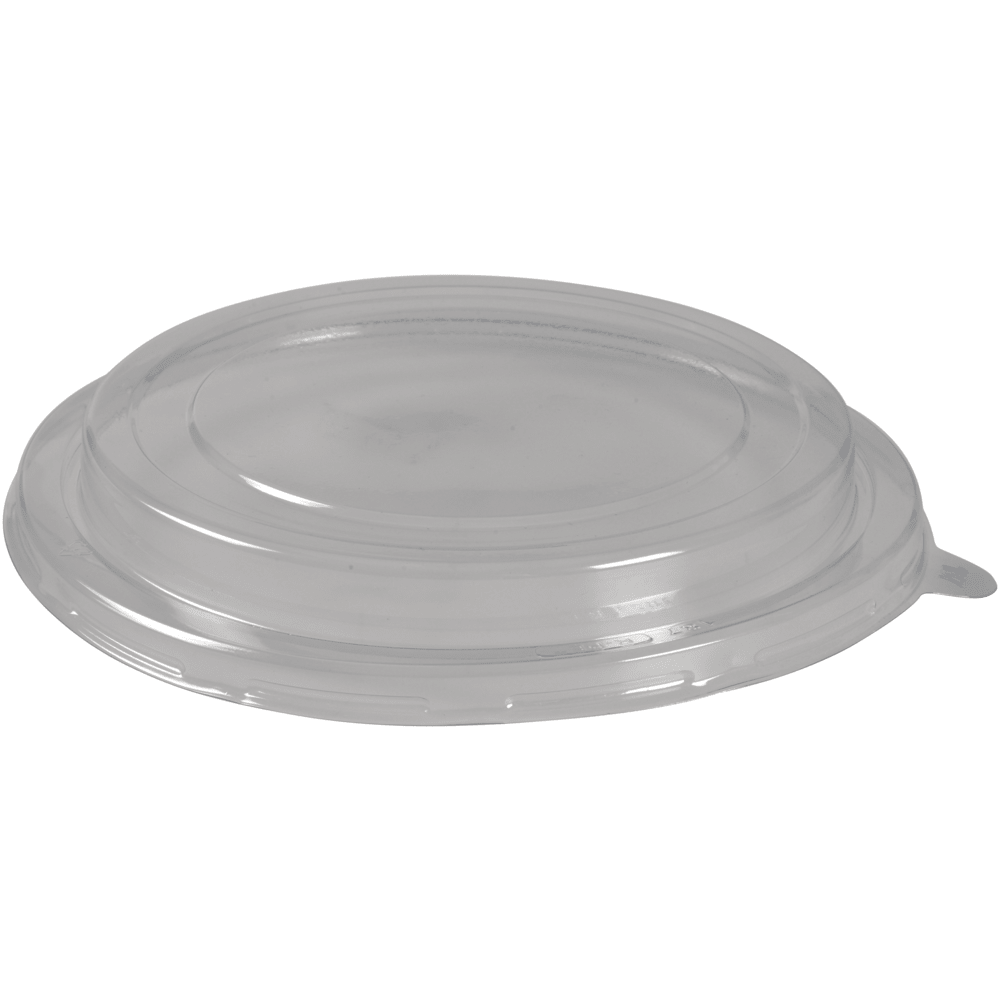 The transparent RPET lid for a tray (ø 18.7 cm) from Abena Re-Seller GmbH lies flat on a white background; it has a slightly raised center and a tab for peeling off along one edge. Pack of 50.