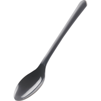 A reusable spoon (18.5 cm, black, PP) from Abena Re-Seller GmbH, part of a 50-pack, lies at an angle on a plain white background, with its handle slightly curved.