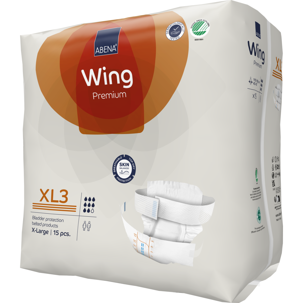 Eine Packung ABENA Wing Premium Erwachsenenwindeln der Abena Re-Seller GmbH (15 Stück) kommt in einer meist weißen Verpackung mit orangen und braunen Akzenten, mit ultimativem Schutz und detaillierten Größenangaben.