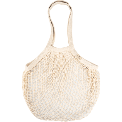 Das ENA Living Einkaufsnetz von Abena Re-Seller GmbH (Karton mit 24 Packungen), beige und wiederverwendbar mit zwei Henkeln, wird leer vor weißem Hintergrund präsentiert - ideal für umweltbewusstes Einkaufen.