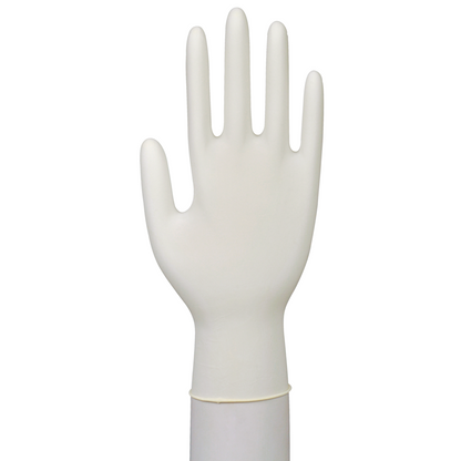Die Abena Re-Seller GmbH Latex-Handschuhe Classic, Puderfrei, Natur sind aufrecht auf einem zylindrischen Ständer mit gespreizten Fingern frontal auf weißem Hintergrund abgebildet - ideal für den sensiblen Einsatz in medizinischen Einrichtungen.