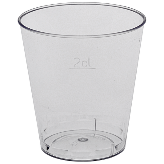 Ein transparentes 2 cl Schnapsglas von Abena Re-Seller GmbH, hergestellt aus Polystyrol (PS), steht aufrecht und leer auf weißem Hintergrund. Verkauft in Packungen zu 50 Stück.