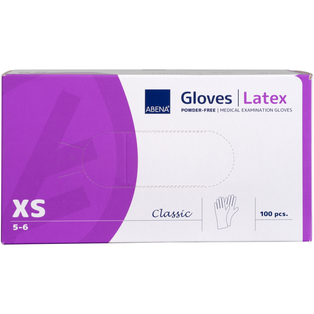 Eine Box Abena Re-Seller GmbH Latex-Handschuhe Classic, puderfrei, natur, Größe XS (5-6) enthält 100 Stück. Ideal für medizinische Einrichtungen. Die Box ist überwiegend lila-weiß gestaltet mit Text und Handillustration.