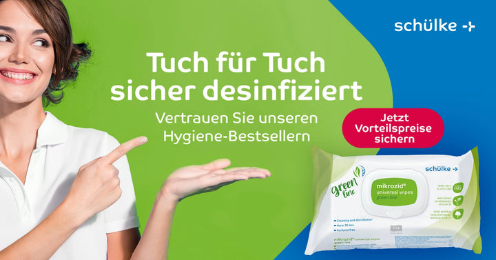 Werbebanner von schülke mit einer lächelnden Frau, die auf mikrozid universal wipes green line Desinfektionstücher zeigt. Im Banner steht: „Tuch für Tuch sicher desinfiziert – Vertrauen Sie unseren Hygiene-Bestsellern“ sowie „Jetzt Vorteilspreise sichern“.