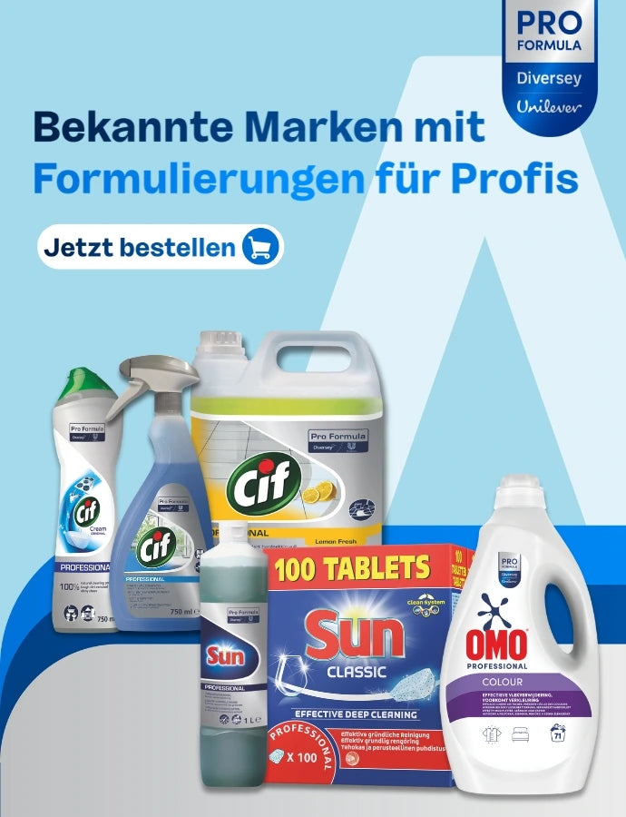 Werbebanner für „Pro Formula“ von Diversey/Unilever mit dem Text „Bekannte Marken mit Formulierungen für Profis“ und einem Button „Jetzt bestellen“. Unten sind verschiedene professionelle Reinigungs- und Waschmittel abgebildet: mehrere Cif-Reiniger (Cream, Sprühreiniger, Großgebinde Lemon Fresh), Sun-Spülmaschinenprodukte (Flüssigreiniger und Packung mit 100 Classic-Tabletten) sowie OMO Professional Colour Waschmittel in einer weißen Flasche.