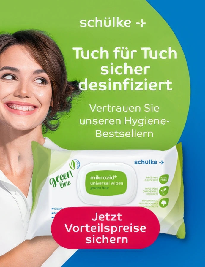 Werbebanner von schülke mit einer lächelnden Frau, die auf mikrozid universal wipes green line Desinfektionstücher zeigt. Im Banner steht: „Tuch für Tuch sicher desinfiziert – Vertrauen Sie unseren Hygiene-Bestsellern“ sowie „Jetzt Vorteilspreise sichern“.