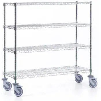 The Novocal shelving cart, made of precision-grade steel with a nickel-plated and high-gloss chrome finish, featuring 4 corner posts and 4 shelves, is ideal for storing and flexibly transporting goods. Package contents: 1 piece.