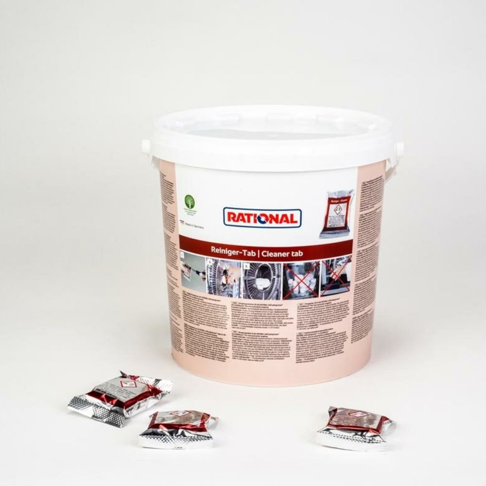 A large white bucket labeled "Rational Cleaner Tabs | Bucket (100 pieces)" from Rational AG prominently displays its product information. In front of the bucket, three individually wrapped cleaner tabs are arranged on a flawlessly white surface, making them ideal for use in CombiMaster Plus and SelfCooking Center devices.