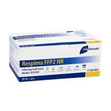 A box of Meditrade Respima FFP2 respirator masks is presented against a plain background. The white box with blue details shows that it contains 100 pieces and prominently displays the brand name Meditrade GmbH, known for personal protective equipment, in the upper right corner.