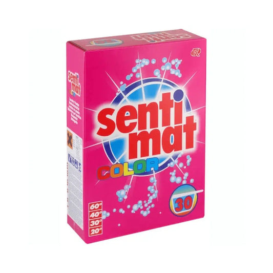 Eine Schachtel Waschmittelkapseln „Rösch Sentimat Color Buntwaschmittel“ mit einem leuchtend rosa Hintergrund und blauen und weißen Blasengrafiken, die für 60 Waschgänge in einer 30-Tage-Packung gelten.