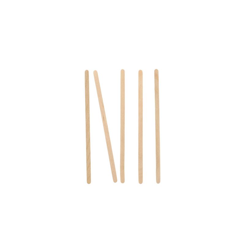 Five PAPSTAR wooden stirring sticks "pure" (14 cm) from PAPSTAR GmbH are arranged as stick figures on a white background: four standing, one laid diagonally across the others.