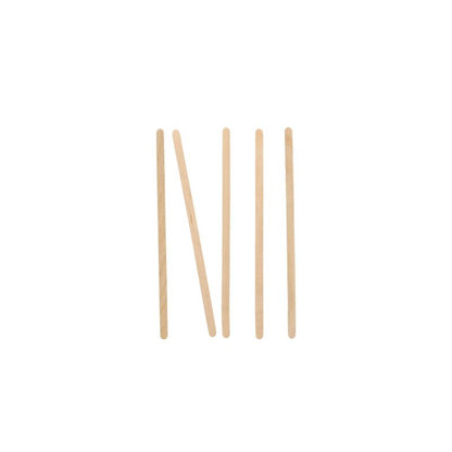 Five PAPSTAR wooden stirring sticks "pure" (14 cm) from PAPSTAR GmbH are arranged as stick figures on a white background: four standing, one laid diagonally across the others.