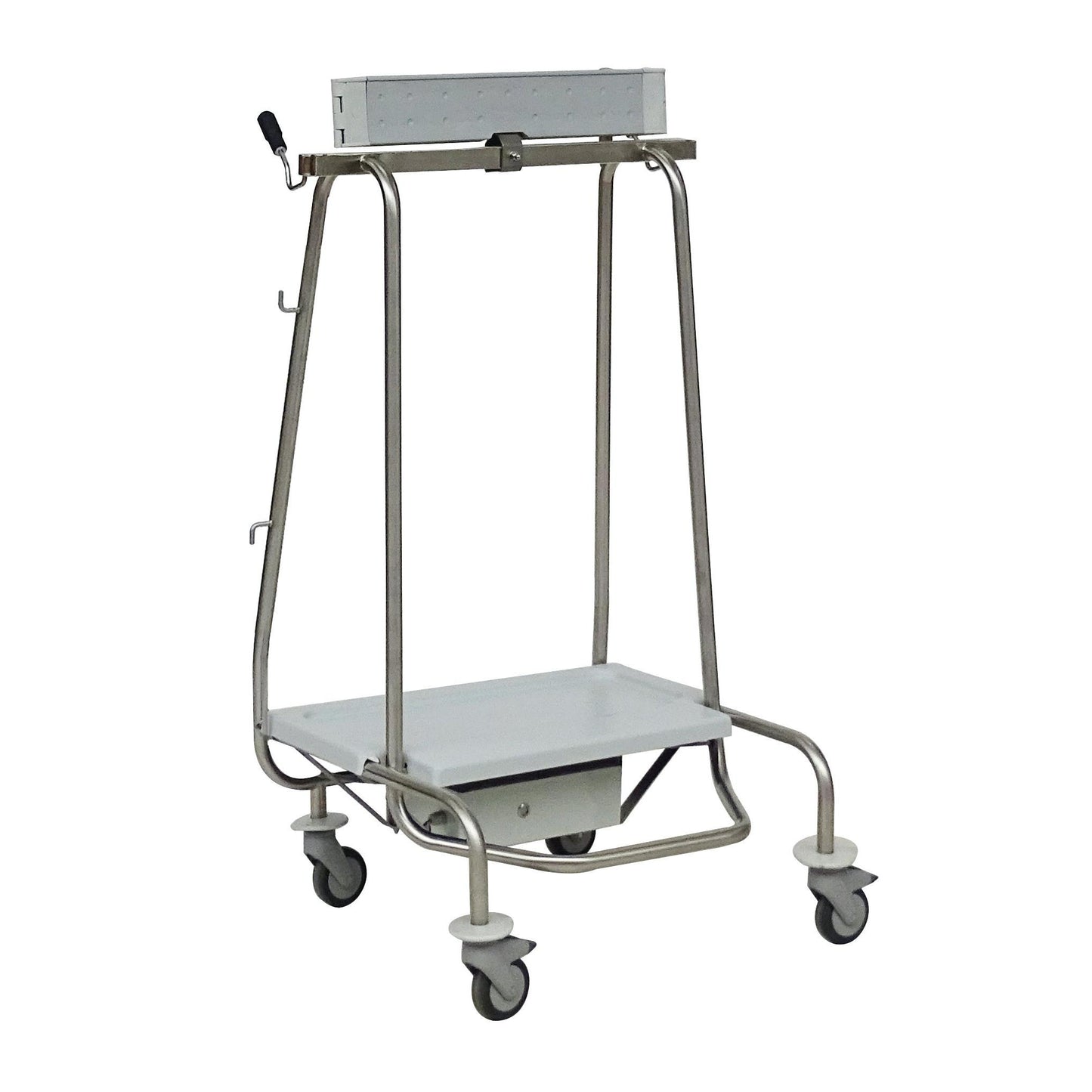 Ein stabiler Novocal Gerätewagen aus Metall mit vier Rollen, einer flachen unteren Ablage, einer oberen Stange und seitlichen Haken - ideal zur Kombination mit dem Novocal Abfallsammler "Genius Plus" Rahmen Edelstahl (Packung 1 Stück).