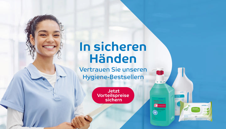 Hygiene-Bestseller mit Pflegekraft, Desinfektions- und Reinigungsprodukten sowie Aktionshinweis.