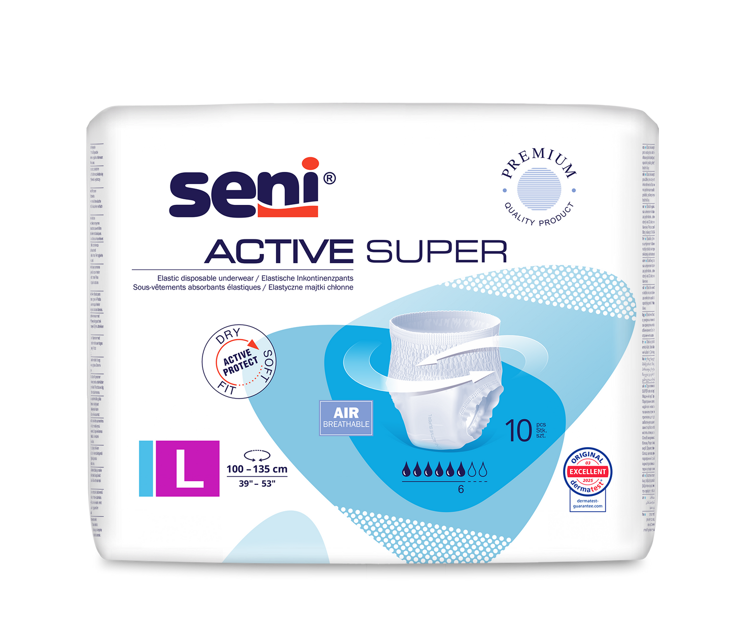 A pack of Seni Active Super incontinence pants from TZMO Deutschland GmbH, size LL (100-135 cm), with product images, "breathable" and symbols for liquid absorption - perfect for people with bladder weakness.