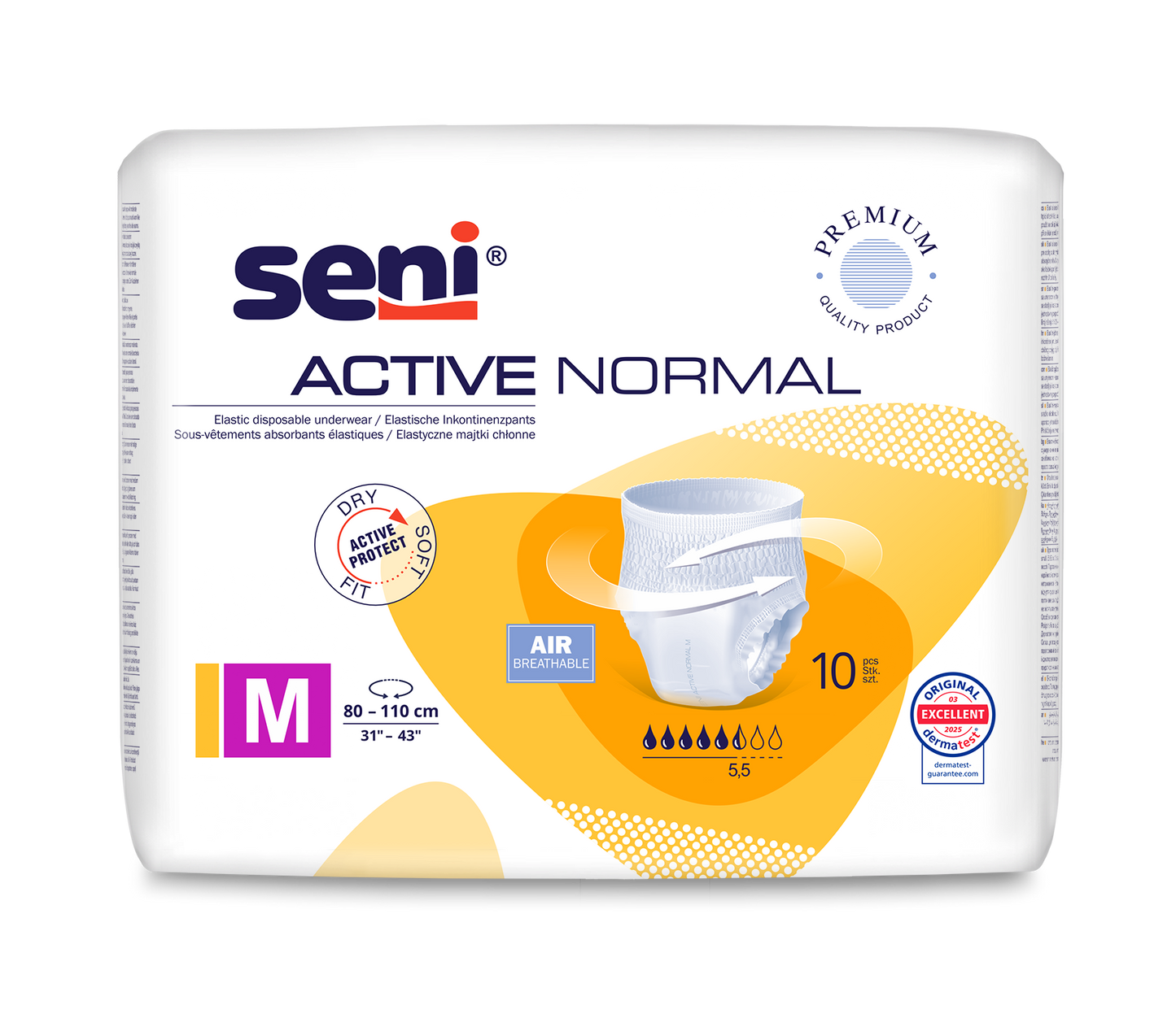 A pack of Seni Active Normal incontinence pants from TZMO Deutschland GmbH, size M (80-110 cm waist), shows the product image, the label "Air breathable", information on absorbency, and certifications - ideal for managing bladder weakness.