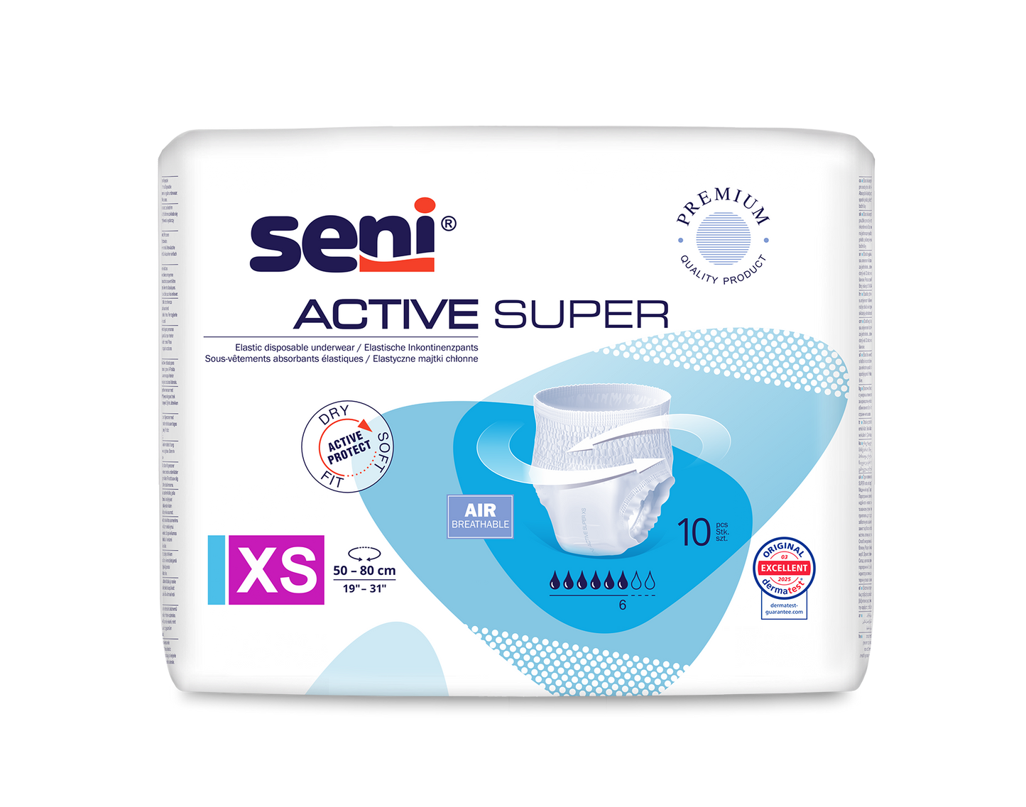 A pack of Seni Active Super incontinence pants from TZMO Deutschland GmbH, size XS for a waist circumference of 50-80 cm. For bladder weakness, characterized by breathability and dryness, and contains 10 pants in white-blue packaging.