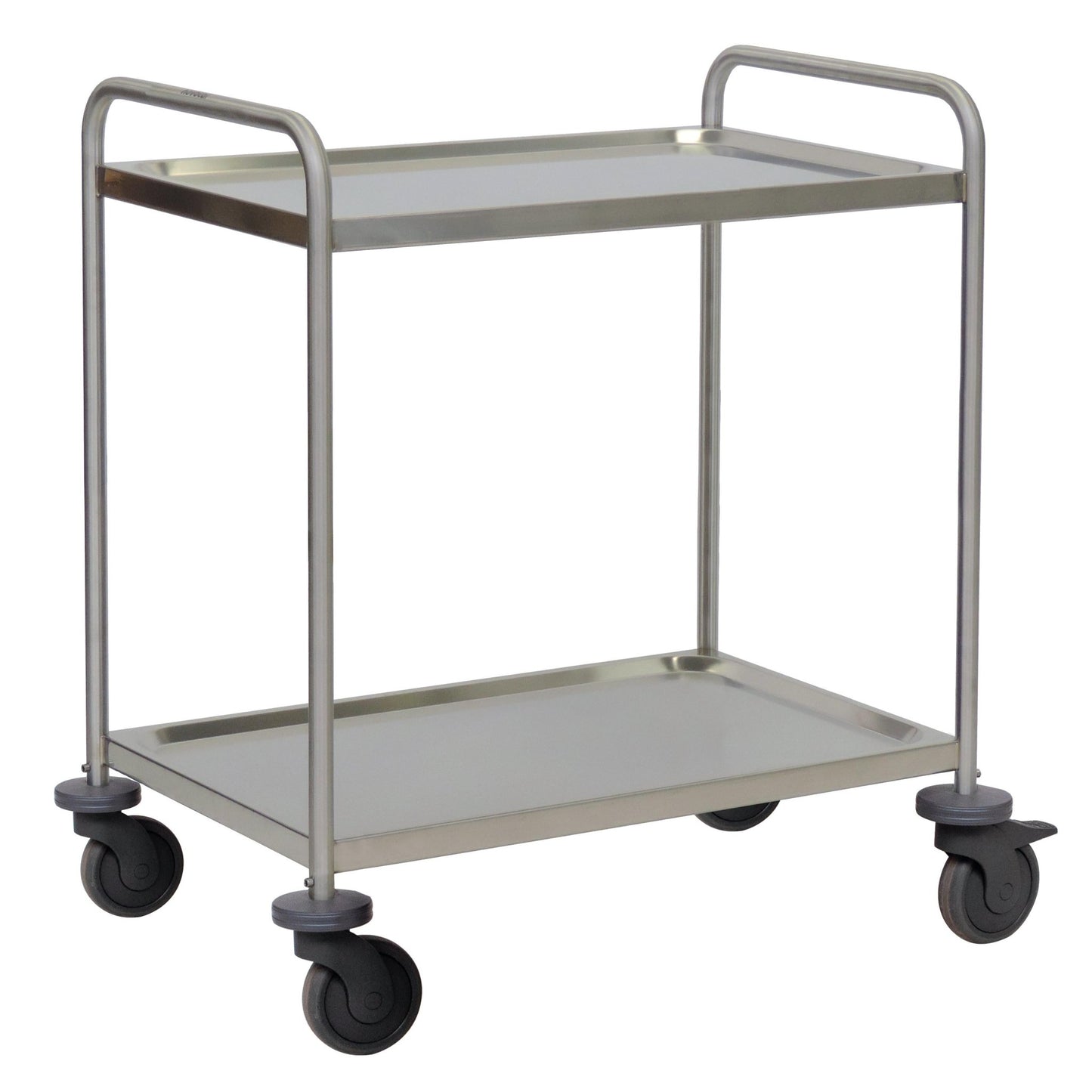 The Novocal multi-purpose trolley made of stainless steel with 2 shelves, 2 push handles, 4 bumper discs, and 4 easy-roll wheels is ideal for transporting items in hospitals, kitchens, or offices.