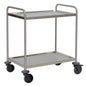 The Novocal multi-purpose trolley made of stainless steel with 2 shelves, 2 push handles, 4 bumper discs, and 4 easy-roll wheels is ideal for transporting items in hospitals, kitchens, or offices.