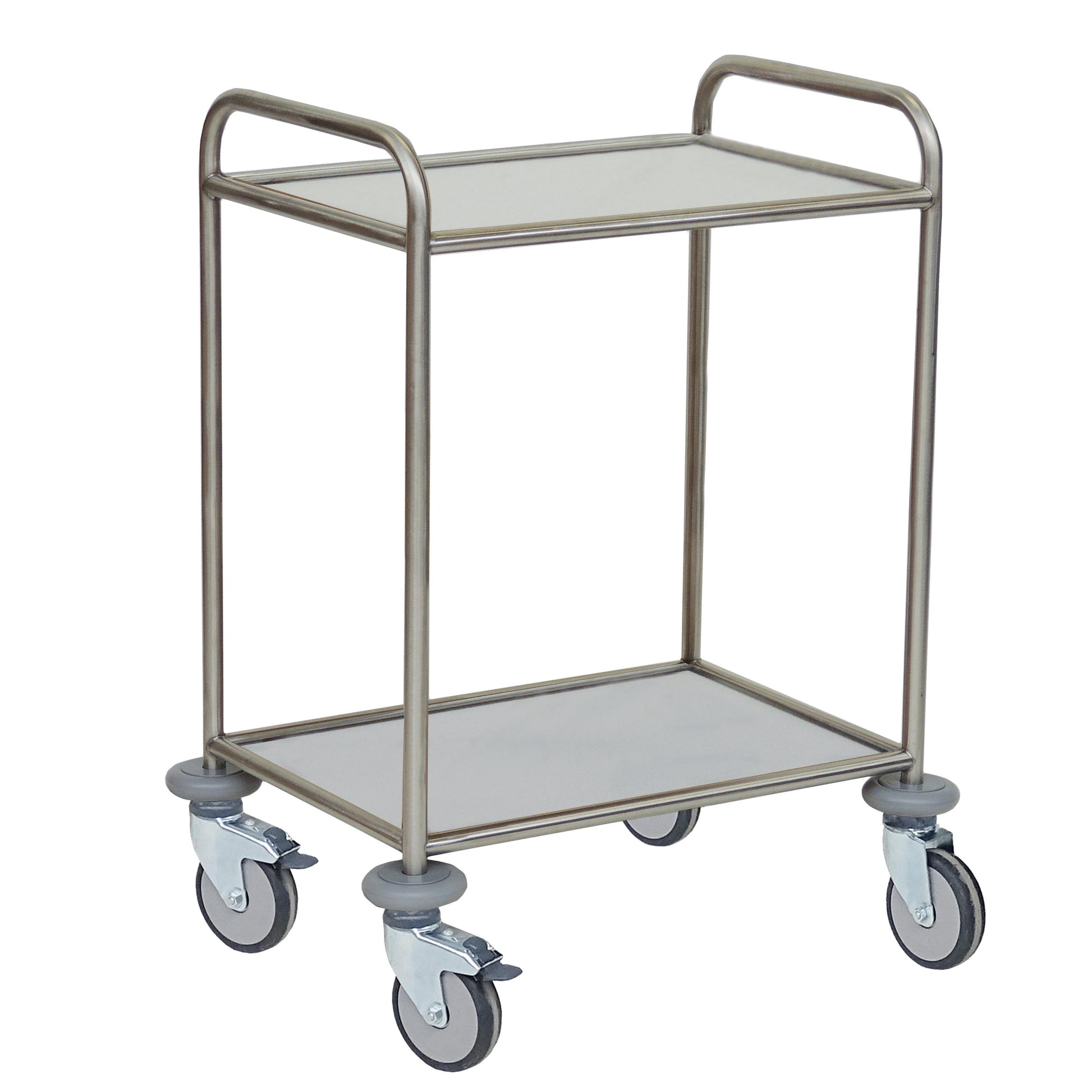 Der Novocal Mehrzweckwagen verfügt über einen Edelstahlrahmen, zwei solide Kernböden, die wasser-, hitze- und desinfektionsmittelbeständig sind, sowie vier Lenkrollen und zwei Griffe - ideal für den effizienten Transport von Gegenständen.