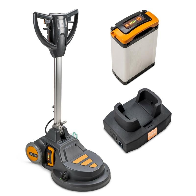 The TASKI ERGODISC FLEXX 43 Starter Kit from Diversey Deutschland GmbH & Co. OHG is a battery-operated single-disc machine with three speeds and a distinctive design, delivered with battery and charging station (1 piece).