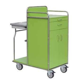 A Novocal station wagon made of stainless steel, with all pipe connections fully welded, features two drawers, a cabinet, a flat plate, side rails, four castors, and a small gray tray attached to one side. 2 | Package (1 piece).