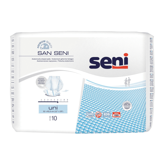 Eine Packung Seni San Uni Inkontinenzvorlage-Windeln für Erwachsene von TZMO Deutschland GmbH gegen Blasenschwäche. Die Produktverpackung ist mit einem Design aus verstreuten blauen Punkten versehen, einschließlich Symbolen für Luftstrom, Atmungsaktivität und latexfreie Eigenschaften.