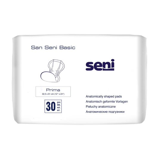 Ein Paket San Seni Basic Prima Inkontinenzvorlagen, Größe Prima, mit 30 Stück in der Packung. Das Logo der TZMO Deutschland GmbH und die Produktinformationen sind prominent auf einem weißen