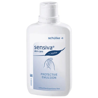 A white bottle of “Schülke sensiva® protective emulsion” from Schülke & Mayr GmbH, labeled with a blue-white design with a hand symbol. The bottle is colorless.