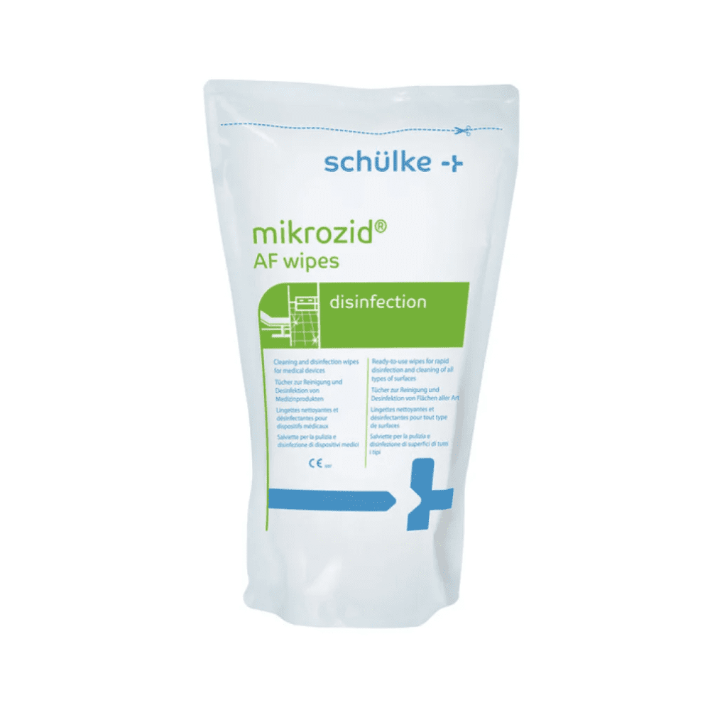 Ein Produktbild der Schülke mikrozid® AF wipes Desinfektionstücher der Schülke & Mayr GmbH in einem weißen Standbeutel mit einem blau-grünen Etikett, das auf die Verwendung zur Reinigung und Desinfektion von Oberflächen hinweist.