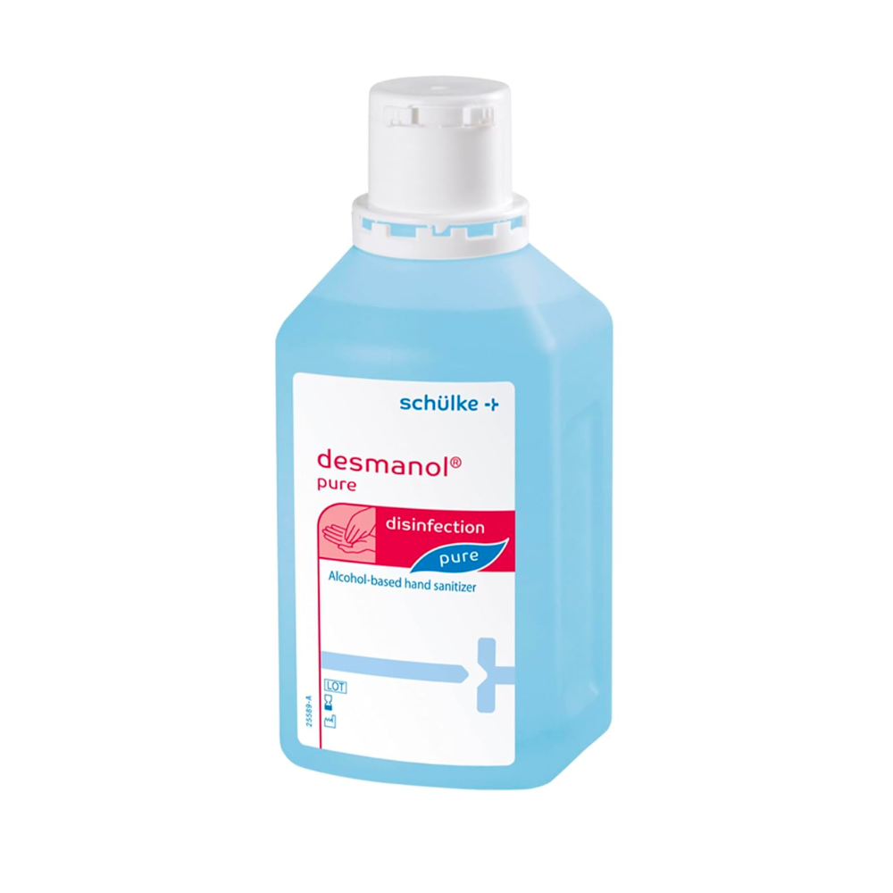 A bottle of Schülke Desmanol® pure hand disinfectant by Schülke & Mayr GmbH. The container is blue with a white cap and a pink-white label indicating that it is an alcohol-based disinfectant.