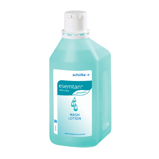 Eine Flasche Schülke Esemtan® Waschlotion der Schülke & Mayr GmbH. Der Behälter ist türkisfarben, auf einem weißen Etikett sind der Produktname und Hinweise wie „seifenfreie Waschlotion“ zu finden.