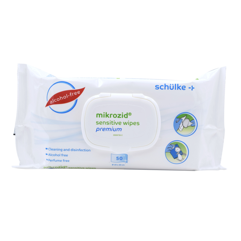 Eine Packung Mikrozid® sensitive Wipes Jumbo der Schülke & Mayr GmbH. Die weiße Packung enthält 50 alkohol- und parfümfreie Tücher, präsentiert mit einem Klappdeckel. Icons veranschaulichen die Anwendung bei empfindlicher Haut.