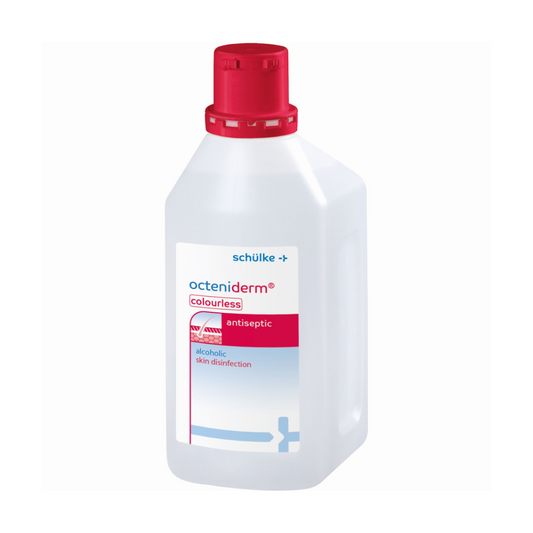 Weiße Kunststoffflasche mit Octeniderm® farblos Hautantiseptikum von Schülke & Mayr GmbH, einem alkoholfreien Hautdesinfektionsmittel mit roter Kappe, auf einem einfarbigen Hintergrund. Das Etikett enthält