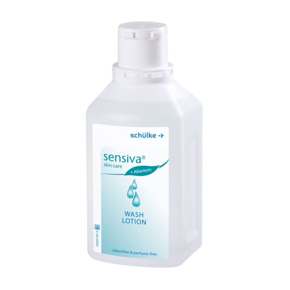 Eine weiße Flasche Sensiva® Waschlotion von Schülke & Mayr GmbH mit einem blaugrünen Etikett, hervorgehoben durch ein Wassertropfen-Design. Das Produkt ist farbstoff- und parfümfrei.