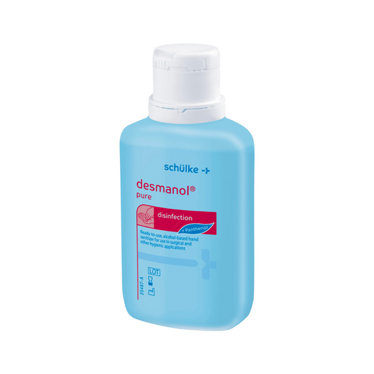 Eine Flasche Schülke Desmanol® pure Händedesinfektionsmittel der Schülke & Mayr GmbH. Der Behälter ist blau, mit weißem Verschluss und mit Gebrauchsanweisungen und Markenlogos beschriftet.