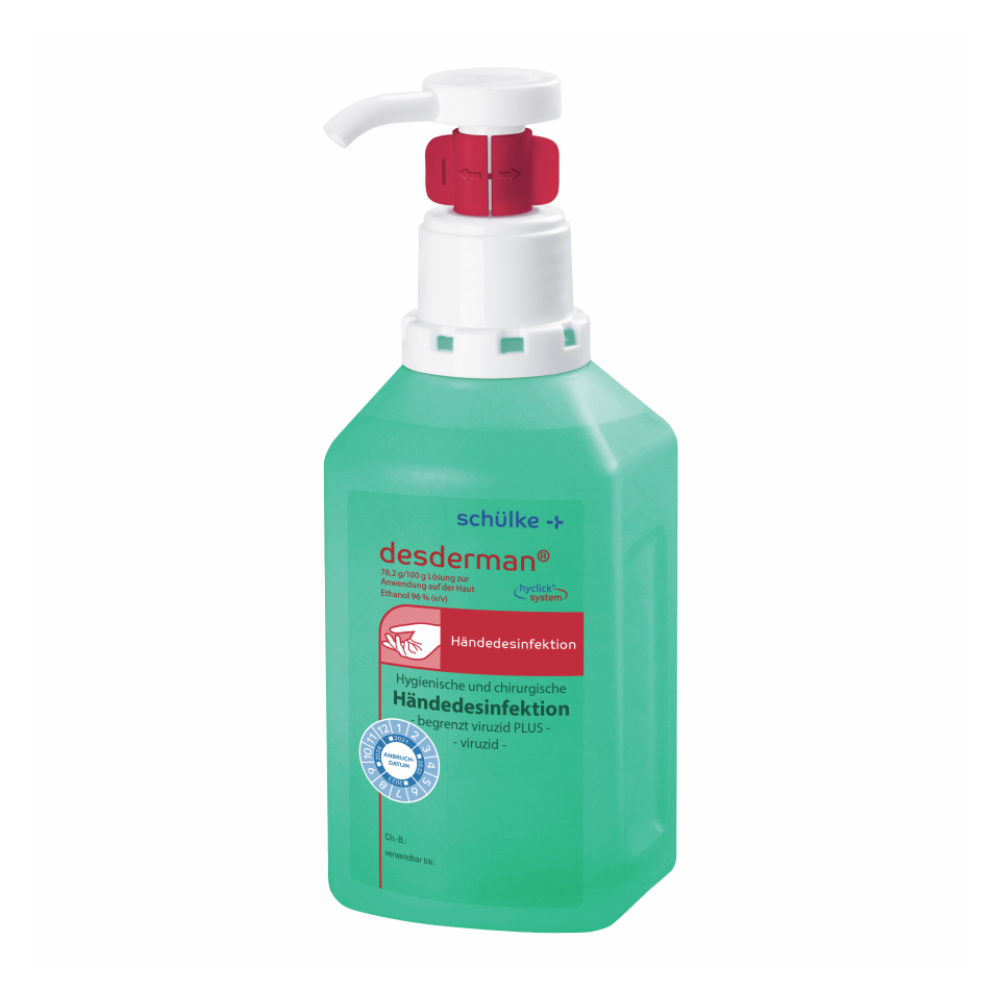 Eine Flasche Schülke desderman® Händedesinfektion mit Pumpspender. Das überwiegend in Grün und Weiß gehaltene Etikett enthält einen deutschen Text, der auf die Verwendung zur viruziden Hygiene hinweist.